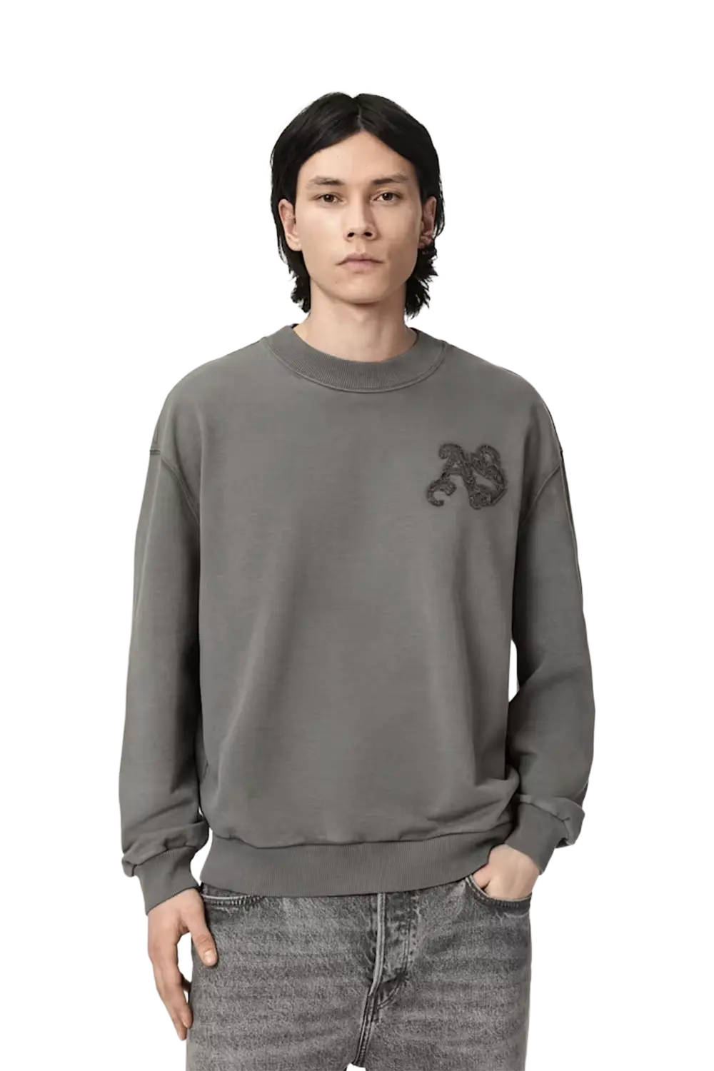 ALLSAINTS Insignia Crew Neck Cotton Sweatshirt Washed Black - Image 3